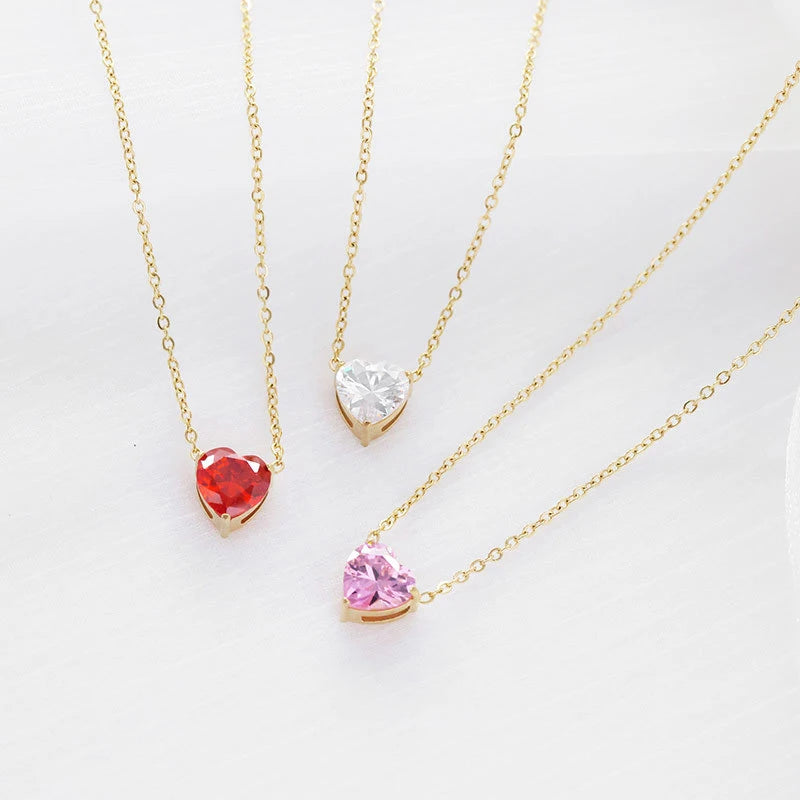 Dainty 14K Gold Plated Stainless Steel Colorful Cubic Zirconia Peach Heart Necklace for Women Choker Collar Jewelry Party Gift