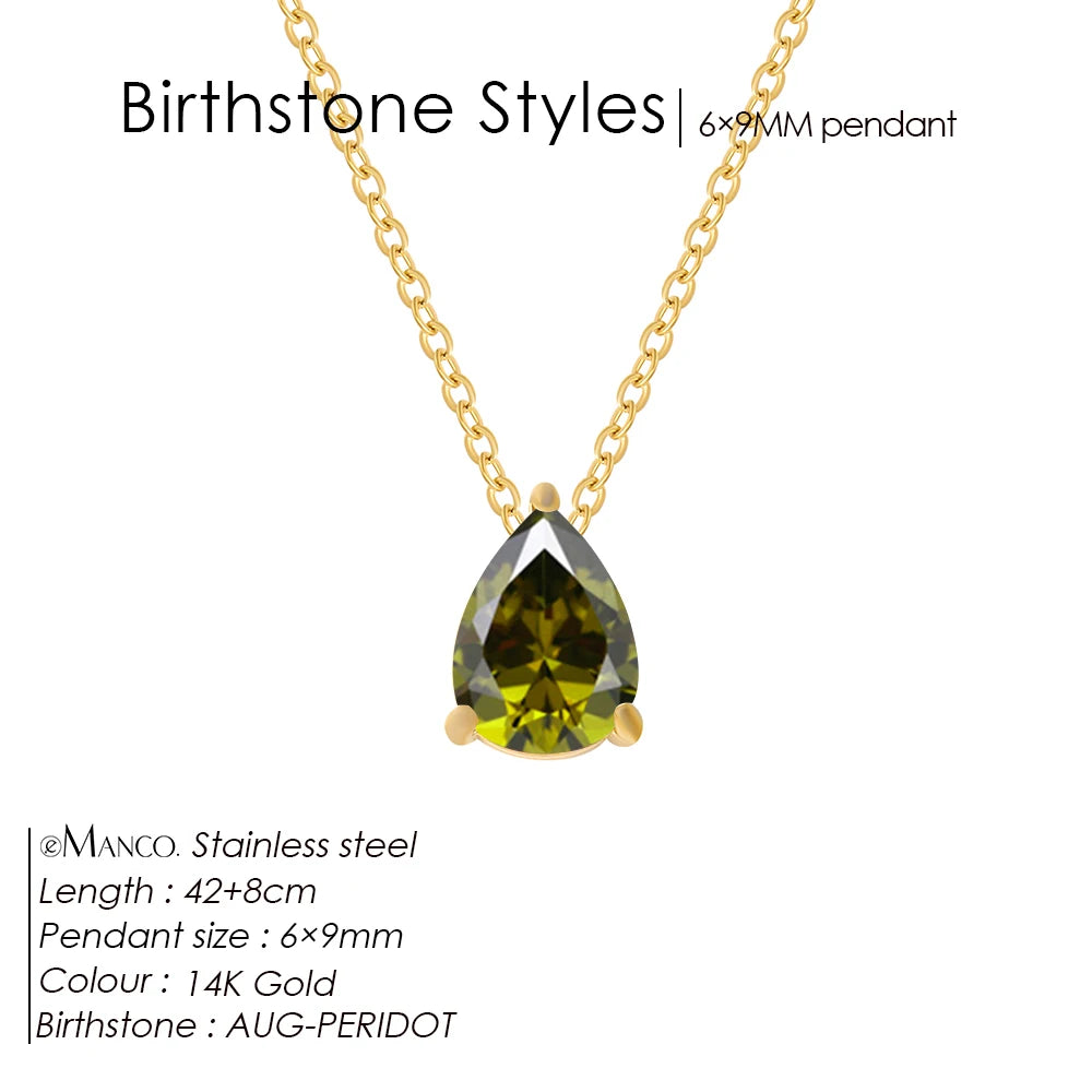eManco Hot Sale Stainless Steel Teardrop Zirconia Pendant Shiny Crystal Necklace Women's Birthstone Collarbone Chain Wholesale