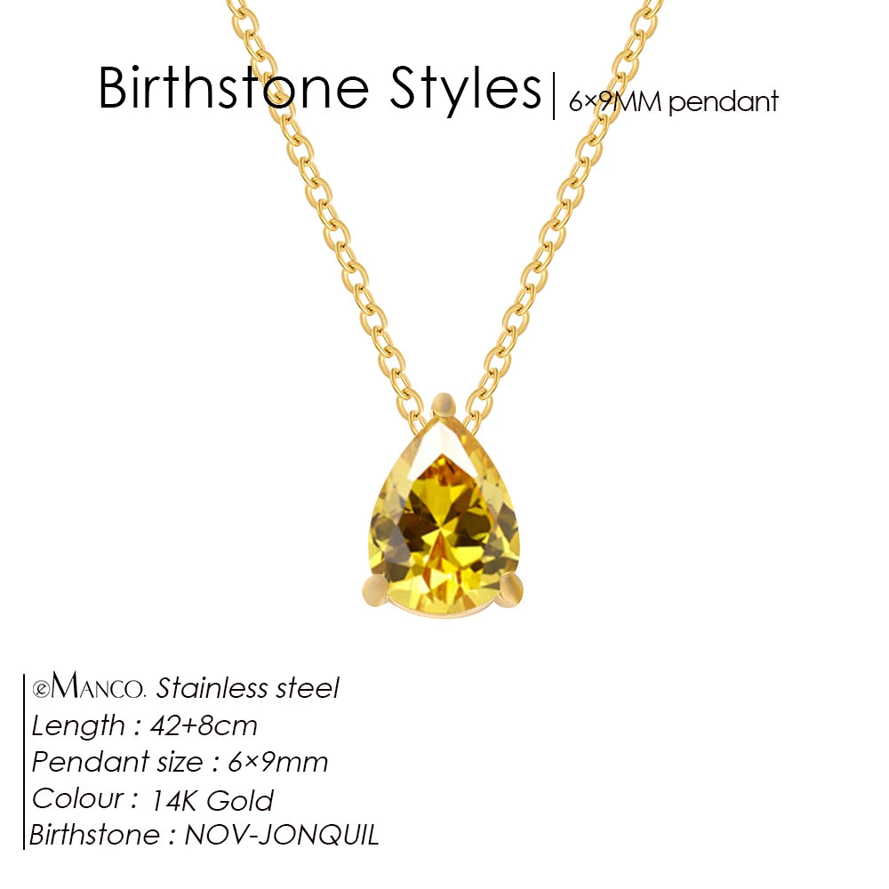 eManco Hot Sale Stainless Steel Teardrop Zirconia Pendant Shiny Crystal Necklace Women's Birthstone Collarbone Chain Wholesale
