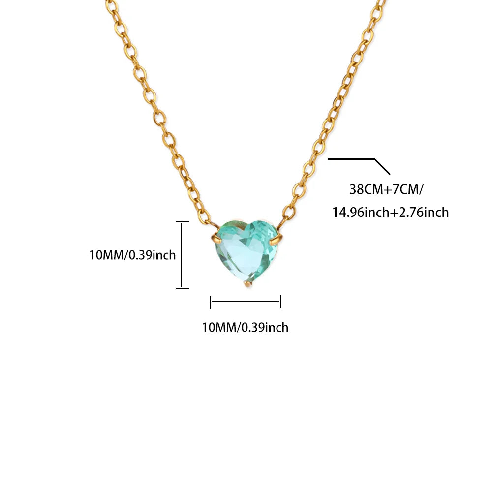 Stainless Steel Birthstone Pendant Necklace for Women Fashion Heart Crystal Zircon Charm Clavicle Chain Birthday Party Jewelry