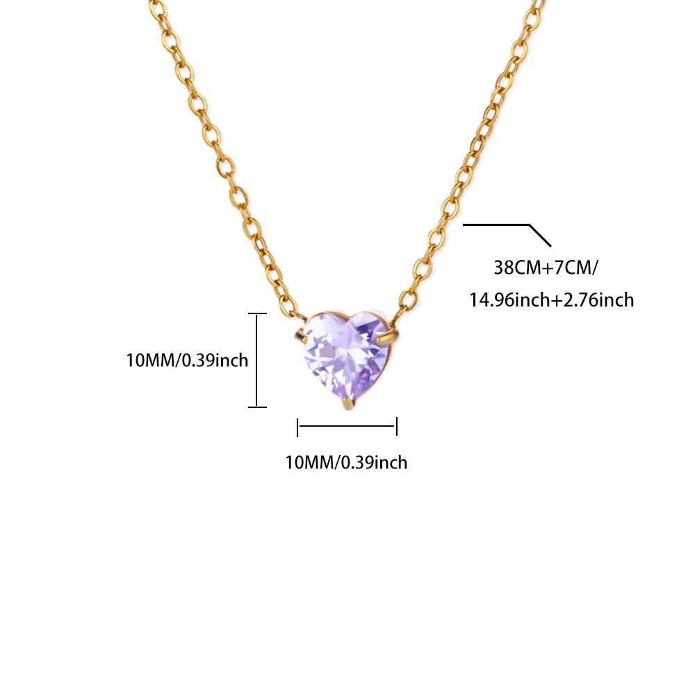 Stainless Steel Birthstone Pendant Necklace for Women Fashion Heart Crystal Zircon Charm Clavicle Chain Birthday Party Jewelry
