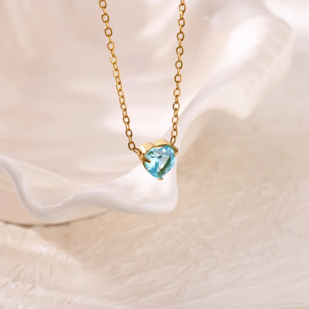 Stainless Steel Birthstone Pendant Necklace for Women Fashion Heart Crystal Zircon Charm Clavicle Chain Birthday Party Jewelry