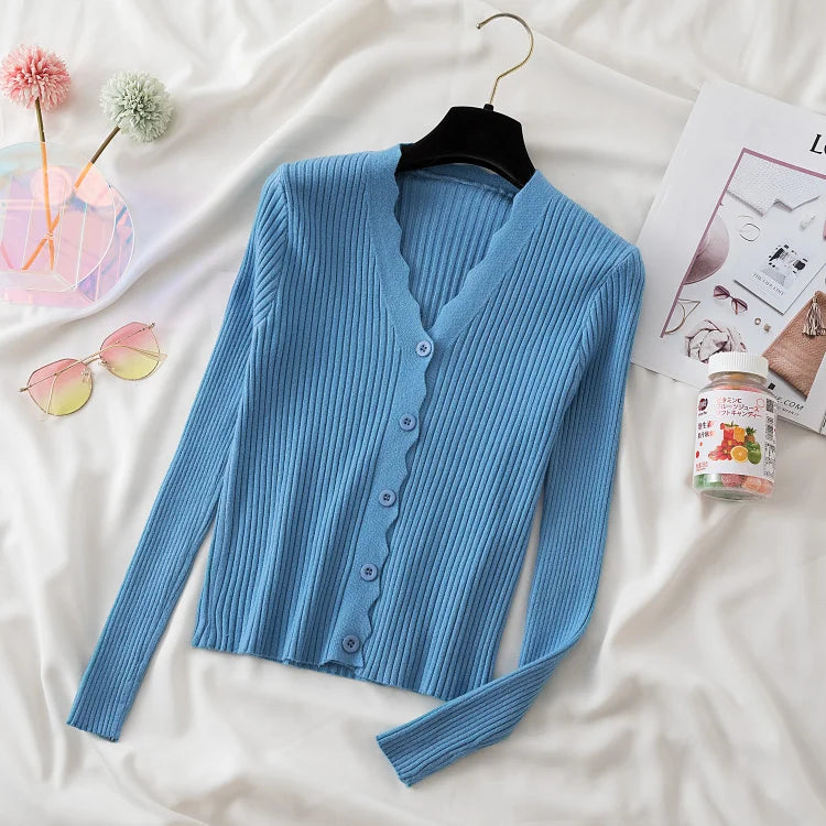 Sweater Knitted Cardigan Button Jacket 2023 Autumn Winter V-neck Long Sleeve Casual Tops For Women Sweater Green