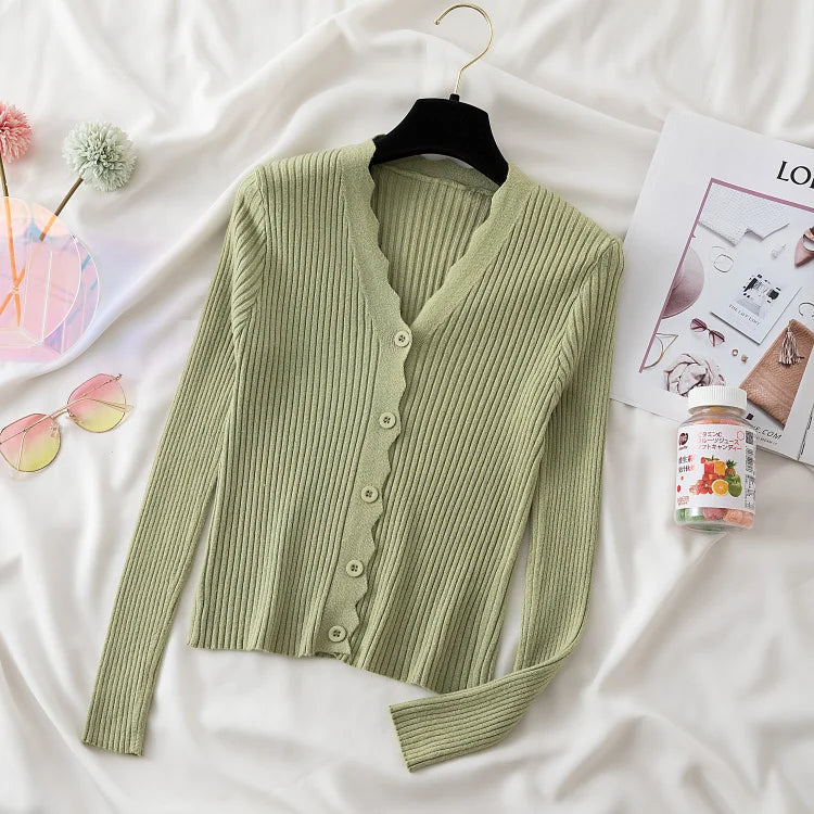 Sweater Knitted Cardigan Button Jacket 2023 Autumn Winter V-neck Long Sleeve Casual Tops For Women Sweater Green