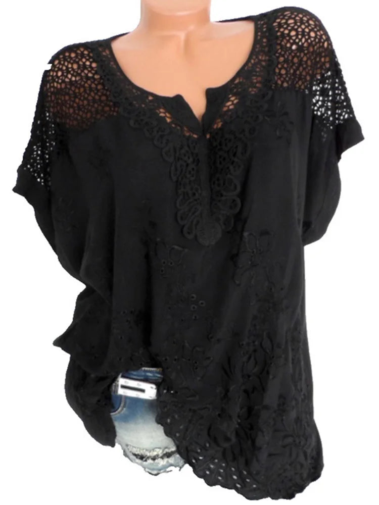 Women’s Relaxed-Fit Lace V-Neck Cotton Blouse