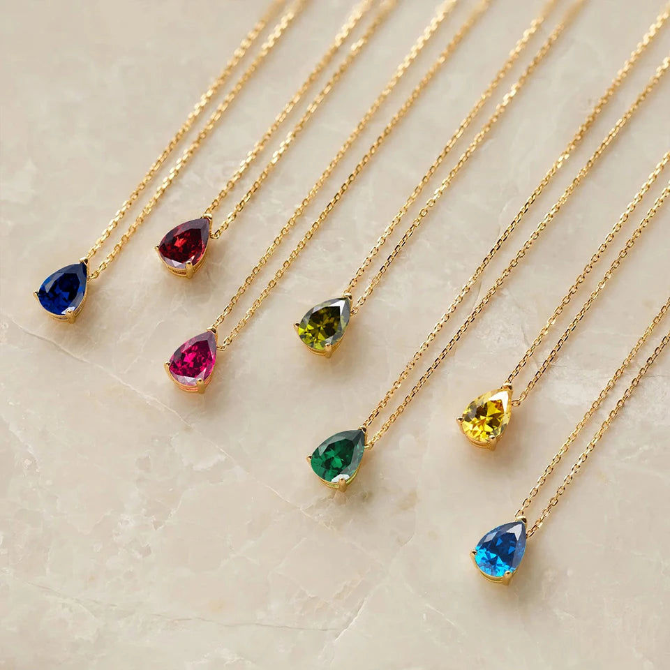 eManco Hot Sale Stainless Steel Teardrop Zirconia Pendant Shiny Crystal Necklace Women's Birthstone Collarbone Chain Wholesale