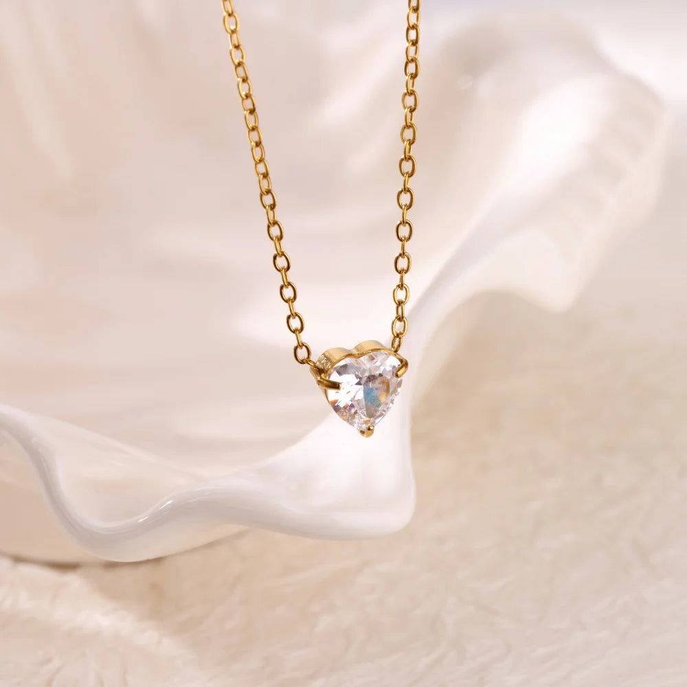 Stainless Steel Birthstone Pendant Necklace for Women Fashion Heart Crystal Zircon Charm Clavicle Chain Birthday Party Jewelry