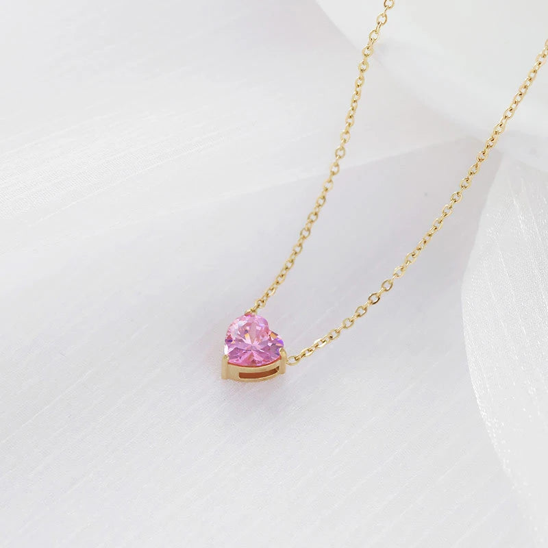Dainty 14K Gold Plated Stainless Steel Colorful Cubic Zirconia Peach Heart Necklace for Women Choker Collar Jewelry Party Gift