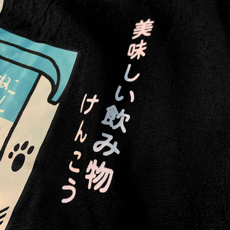 Cute Japanese Cat Print Oversized T-shirt Women Men Short Sleeve Loose Casual Tee Shirt Streetwear Tops Cotton Harajuku Clothing