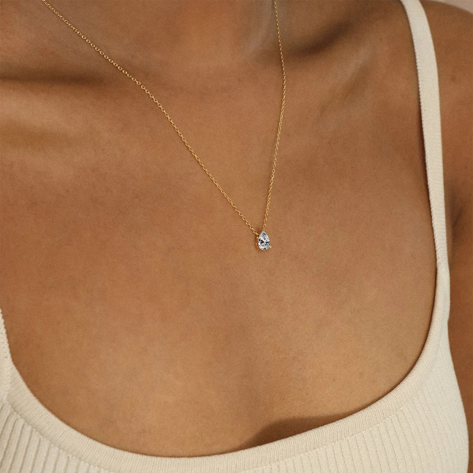 eManco Hot Sale Stainless Steel Teardrop Zirconia Pendant Shiny Crystal Necklace Women's Birthstone Collarbone Chain Wholesale