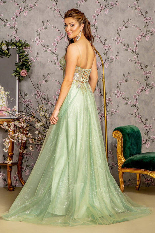 Women’s Sheer Corset Bodice 3D Floral A-Line Long Dress